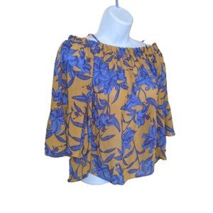 Ultra Soft Mustard and Blue Crop Blouse Size 2 ---